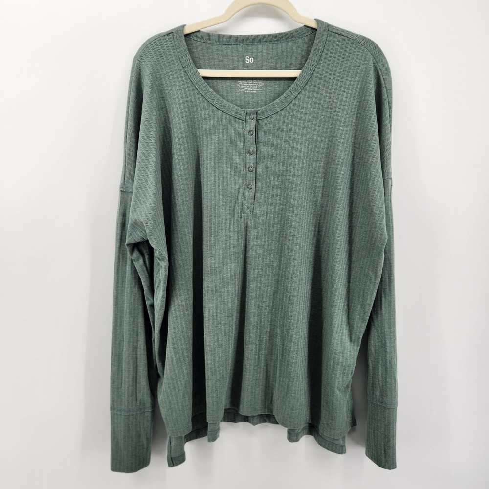 So Women's Green Ribbed Henley Long Sleeve Shirt Top XL Casual Comfortable